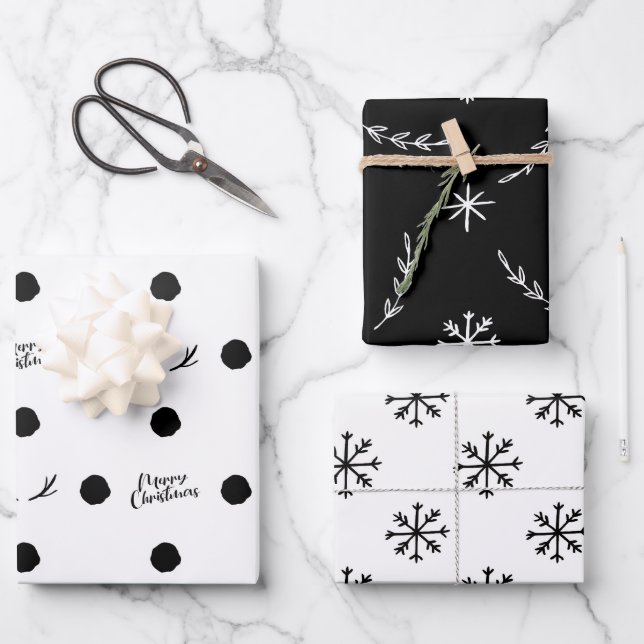 Black and Write Christmas Wrapping Paper Geschenkpapier Set (Vorderseite)
