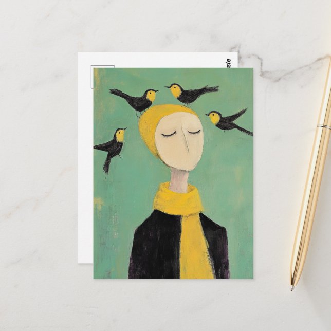 Black and Yellow Birds on Her Head Whimsy Painting Postkarte (Vorderseite/Rückseite Beispiel)