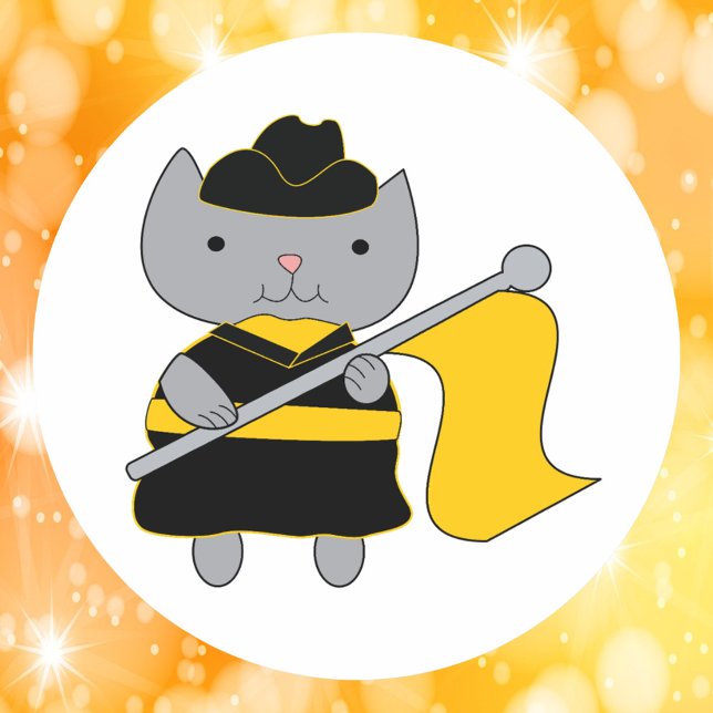 Black and Yellow Color Guard Cat Runder Aufkleber (A sticker featuring a gray cat wearing a black & yellow gold color guard uniform with a yellow flag.)