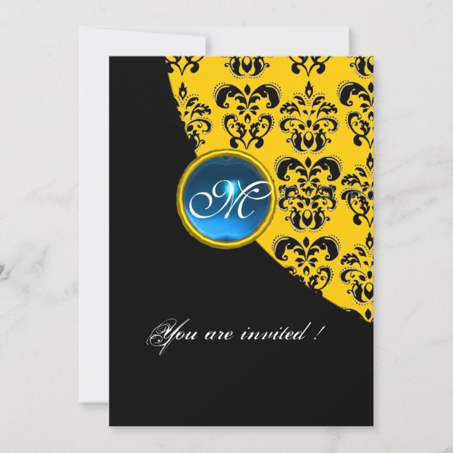 BLACK AND YELLOW DAMASK MONOGRAM, blauer Saphir Einladung (Vorderseite)