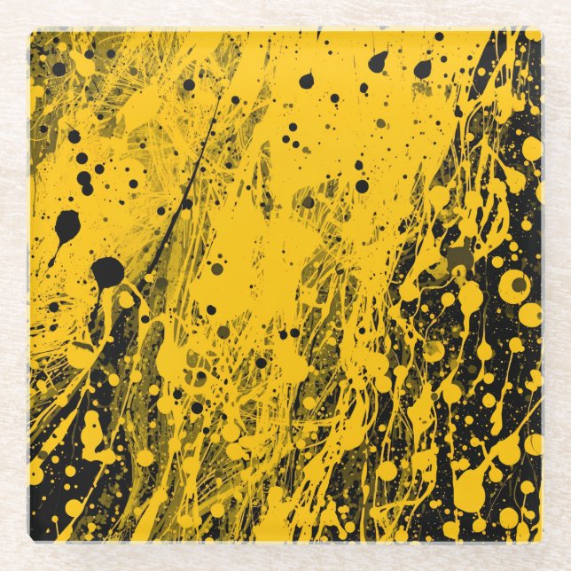 Black and Yellow Paint Splashes Glasuntersetzer (Vorderseite)