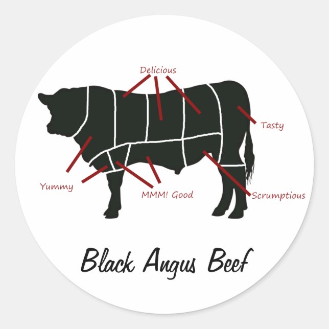 Black Angus Beef Butcher Chart - Geschmackvolle Yu Runder Aufkleber (Vorderseite)