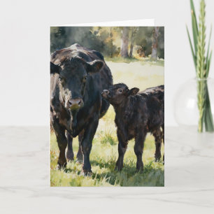 Black Angus Kuh und Kalb Studie A in Aquarell Karte