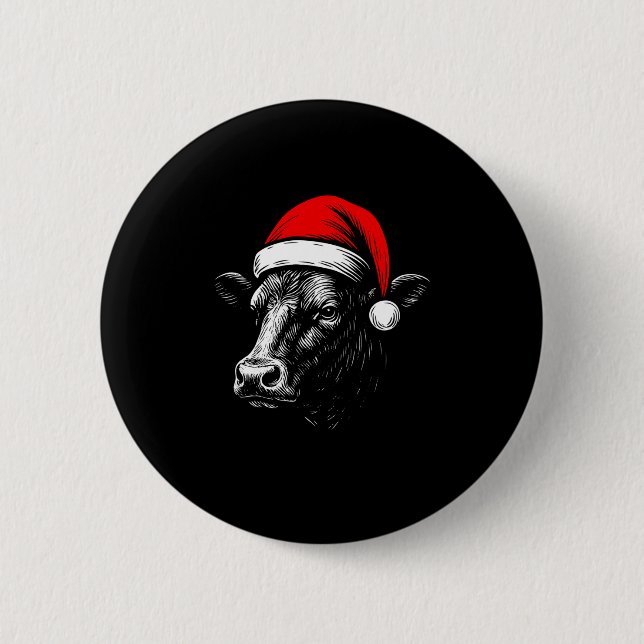 Black Angus Rancher Christmas Cow Santa Hat Farmer Button (Vorderseite)