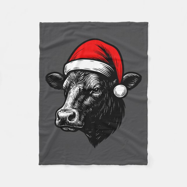 Black Angus Rancher Christmas Cow Santa Hat Farmer Fleecedecke (Vorderseite)