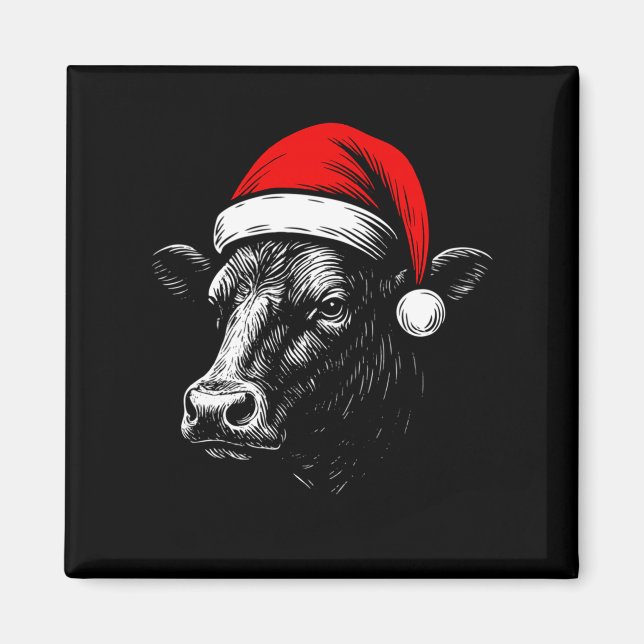 Black Angus Rancher Christmas Cow Santa Hat Farmer Magnet (Vorne)