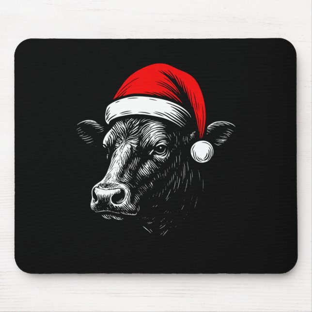 Black Angus Rancher Christmas Cow Santa Hat Farmer Mousepad (Vorne)