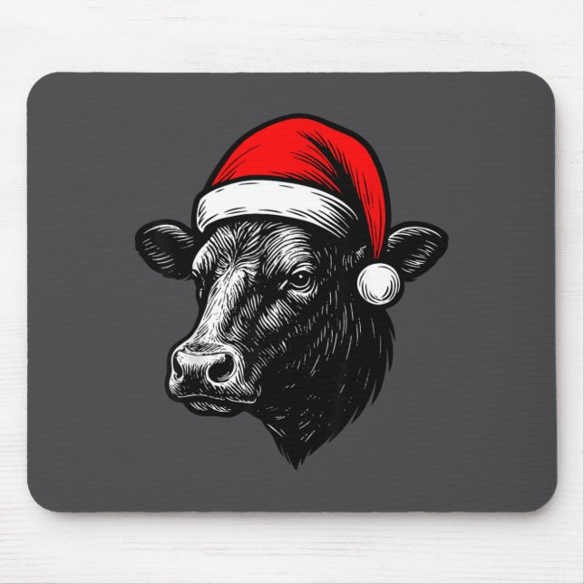Black Angus Rancher Christmas Cow Santa Hat Farmer Mousepad (Vorne)