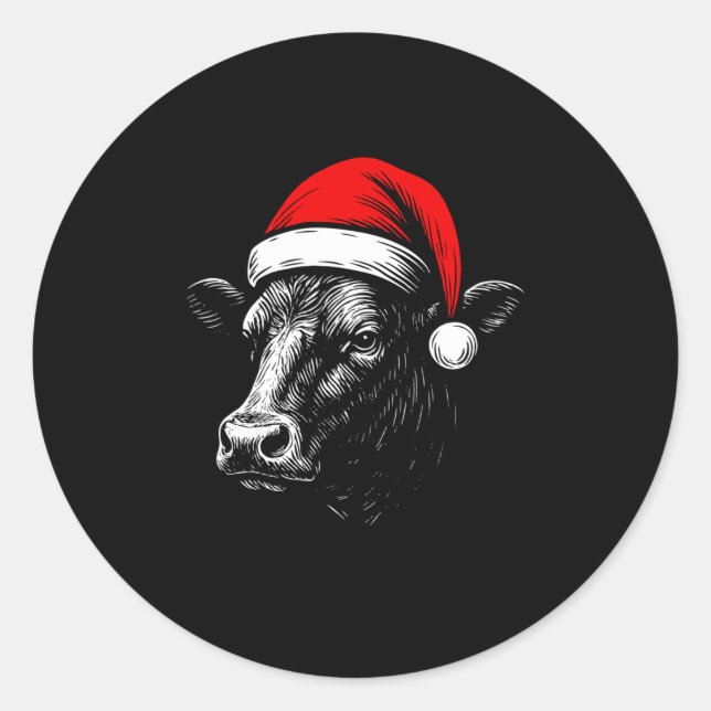 Black Angus Rancher Christmas Cow Santa Hat Farmer Runder Aufkleber (Vorderseite)
