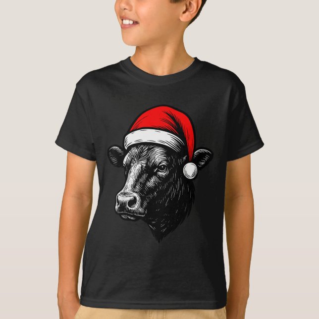 Black Angus Rancher Christmas Cow Santa Hat Farmer T-Shirt (Vorderseite)