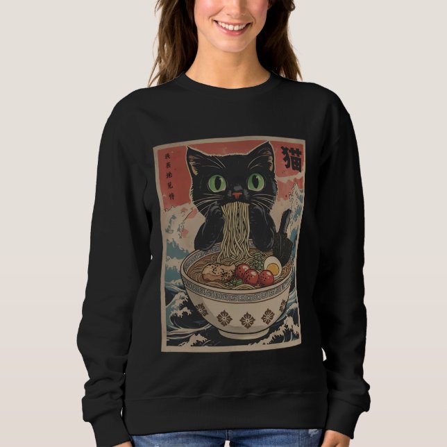 Black Anime Cat Ramen Noodles Japanese Funny Kawai Sweatshirt (Vorderseite)