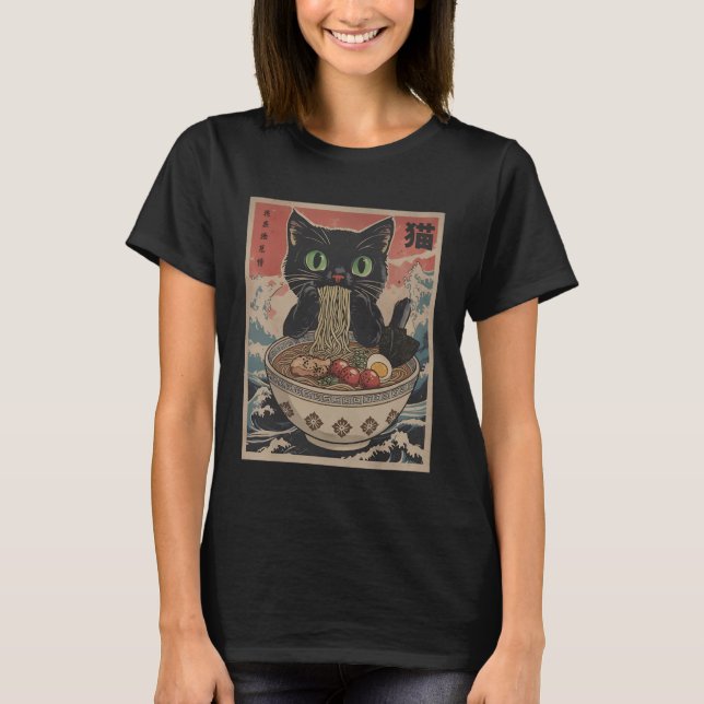 Black Anime Cat Ramen Noodles Japanese Funny Kawai T-Shirt (Vorderseite)