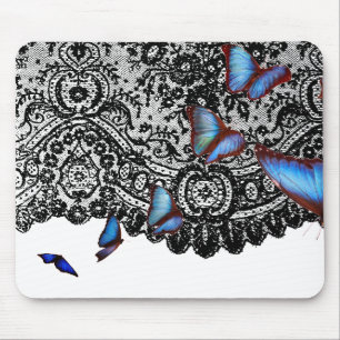 BLACK ANTIQUE LACE BLUE BUTTERFLIS MAUSPAD