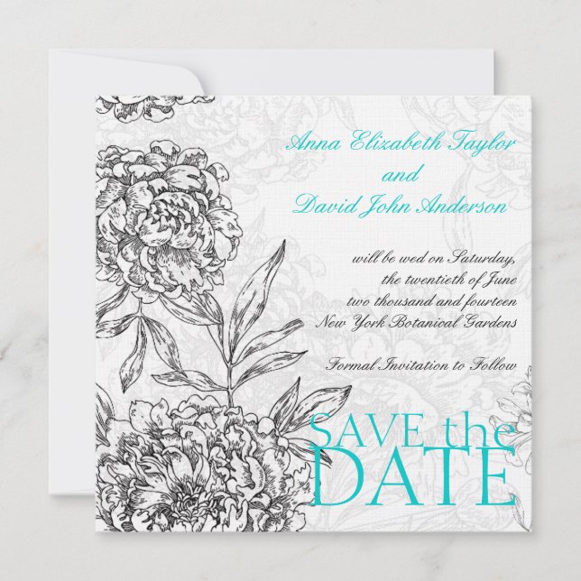 Black Aqua Blue Elegante Blumen speichern Sie die  Save The Date (Vorderseite)