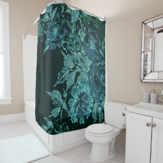 BLACK AQUA BLUE SPRING BLLORAL PATTER DUSCHVORHANG