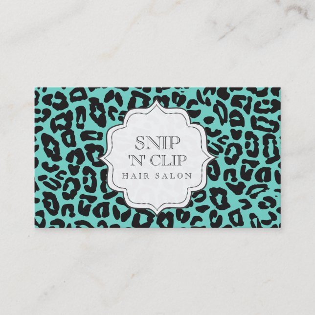 Black & Aqua Leopard Print Hair Stylist Cards Terminkarte (Vorderseite)
