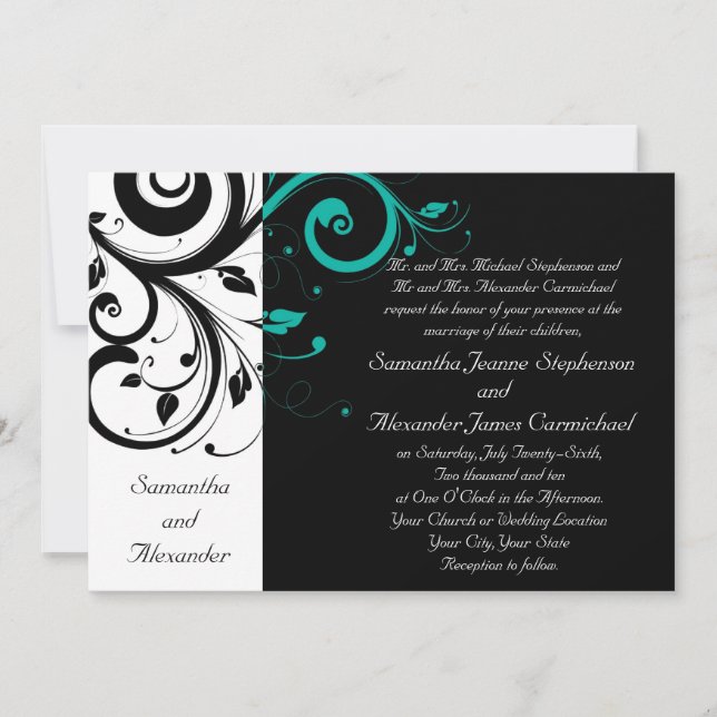 Black Aqua Swirl Wedding Traditional Einladung (Vorderseite)