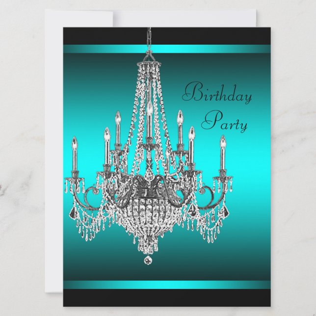 Black Aquamarin Blue Candelier Birthday Party Einladung (Vorderseite)