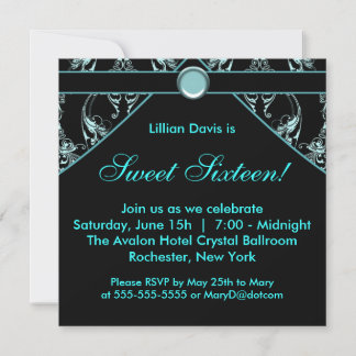 Black Aquamarin Blue Damask 16 . Geburtstag Einlad Einladung