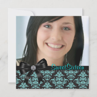 Black Aquamarin Blue Damask Foto 16 . Geburtstag P Einladung