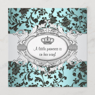 Black Aquamarin Blue Damask Princess Baby Girl Dus Einladung