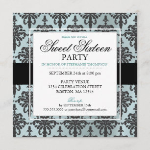 Black Aquamarin Blue Damask Sweet 16 Party Einladu Einladung