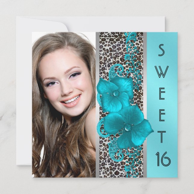 Black Aquamarin Blue Leopard Foto Sweet 16 Birthda Einladung (Vorderseite)