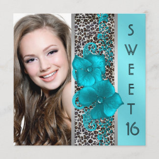 Black Aquamarin Blue Leopard Foto Sweet 16 Birthda Einladung