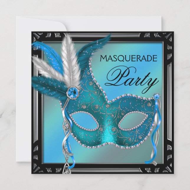 Black Aquamarin Blue Mask Masquerade Party Einladung (Vorderseite)
