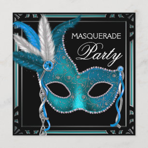 Black Aquamarin Blue Mask Masquerade Party Einladung