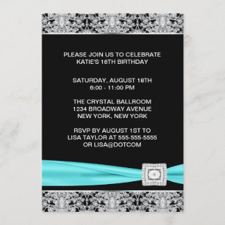 Black Aquamarin Silver Lace Elegantes 16 . Geburts Einladung