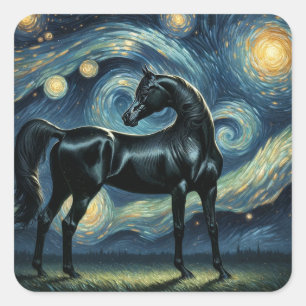 Black Arabian Horse in Van Gogh Starry Night Quadratischer Aufkleber
