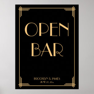 Black Art Deco Gold Wedding Open Bar Sign 18x24 Poster