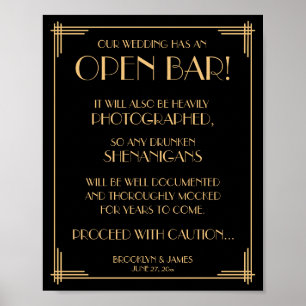 Black Art Deco Great Gatsby Open Bar Sign 8x10 Poster
