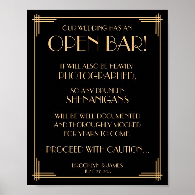 Black Art Deco Great Gatsby Open Bar Sign 8x10 Poster (Vorne)