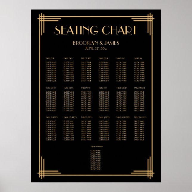 Black Art Deco Hochzeitsdiagramm Poster (Vorne)
