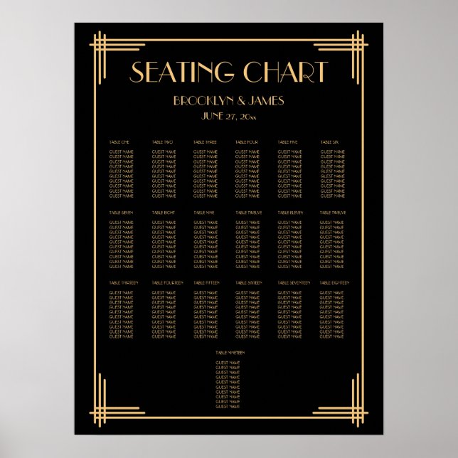 Black Art Deco Hochzeitsdiagramm Poster (Vorne)