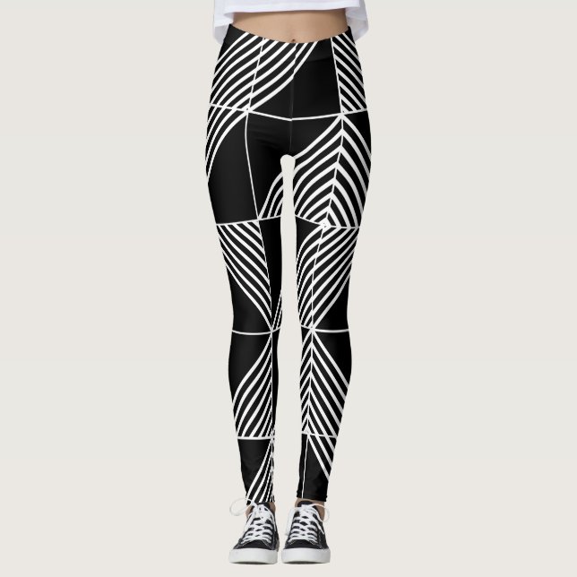 Black Art Deco Lines Leggings (Vorderseite)