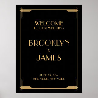 Black Art Deco Wedding Reception Zeichen 18" x 24" Poster