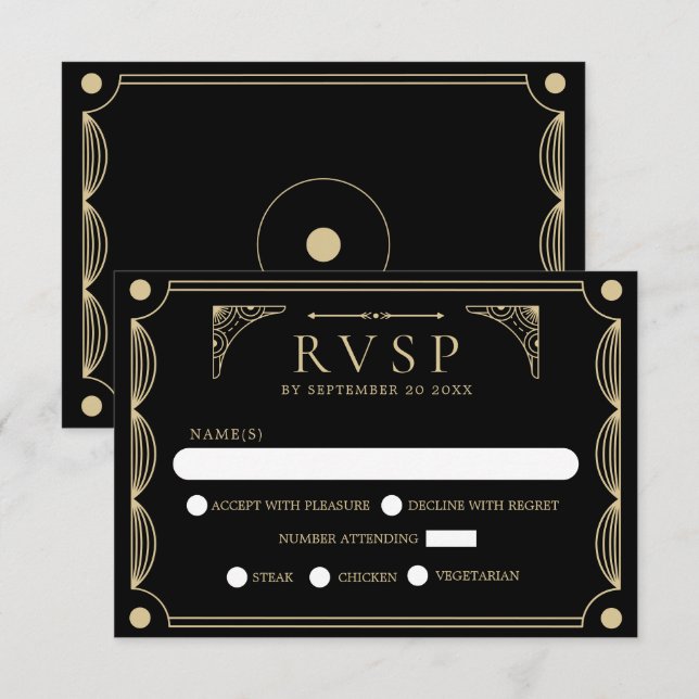 Black Art Deco Wedding RSVP Karte (Vorne/Hinten)