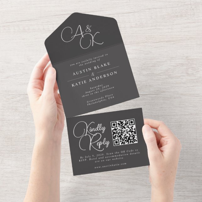 Black Ash White Monogram Script Minimalistisch QR  All In One Einladung (Abreißen)