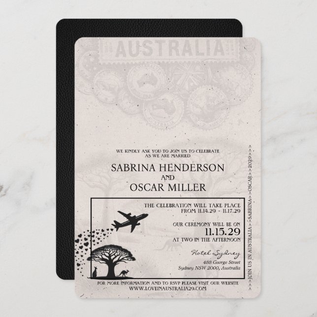 Black Australia Passport Wedding Einladung (Vorne/Hinten)
