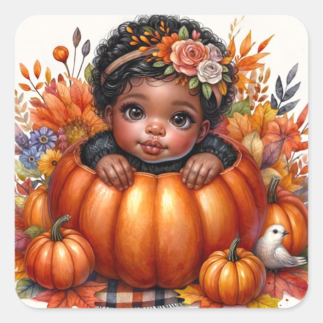 Black Baby Girl in Pumpkin Herbst Quadratischer Aufkleber (Vorderseite)