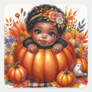 Black Baby Girl in Pumpkin Herbst Quadratischer Aufkleber