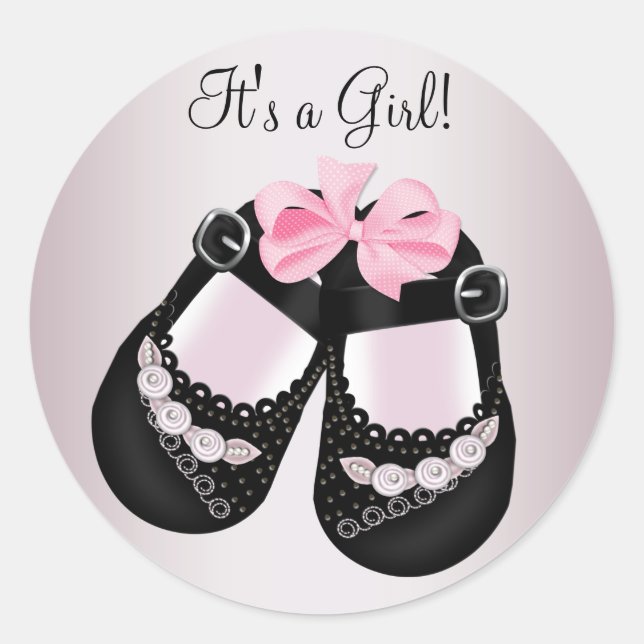 Black Baby Shoes Pink Baby Shower Stickers (Vorderseite)