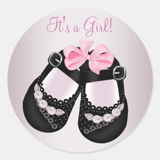 Black Baby Shoes Pink Baby Shower Stickers (Vorderseite)