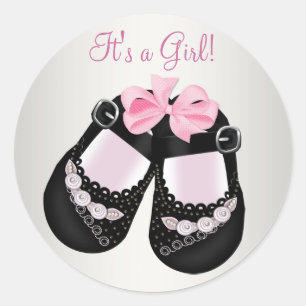 Black Baby Shoes Pink Baby Shower Stickers