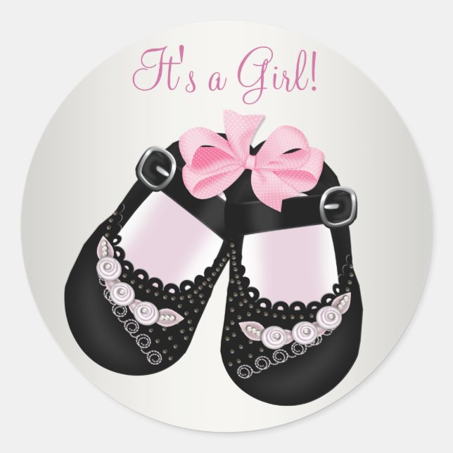 Black Baby Shoes Pink Baby Shower Stickers (Vorderseite)