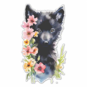 Black Baby Wolf cub Aquarellmalerei Aufkleber