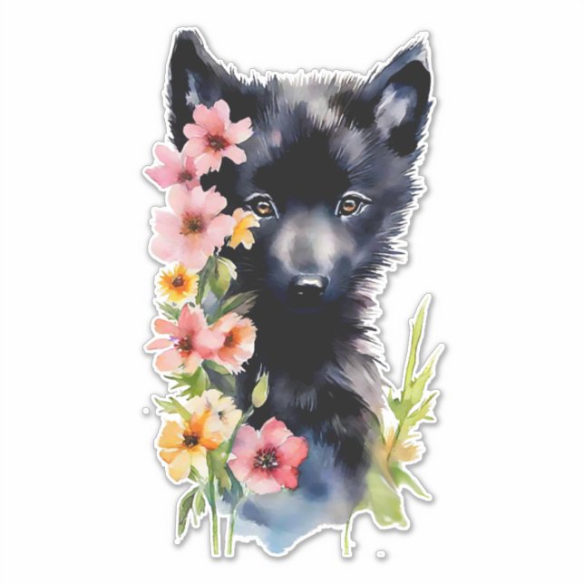 Black Baby Wolf cub Aquarellmalerei Aufkleber (Vorderseite)